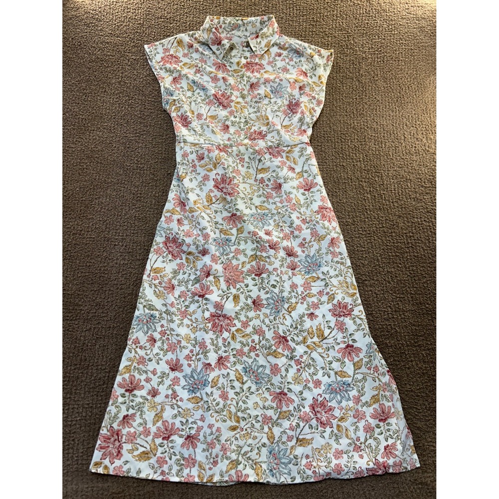 Lucky Brand Womens Floral Sleeveless Midi Shirt Dress Tie Back White Small